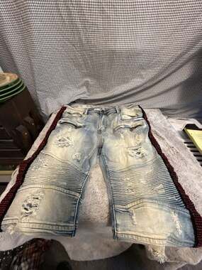 Preme Men's Light Wash Denim Jeans with Rhinestone Side Stripes and Distressed D